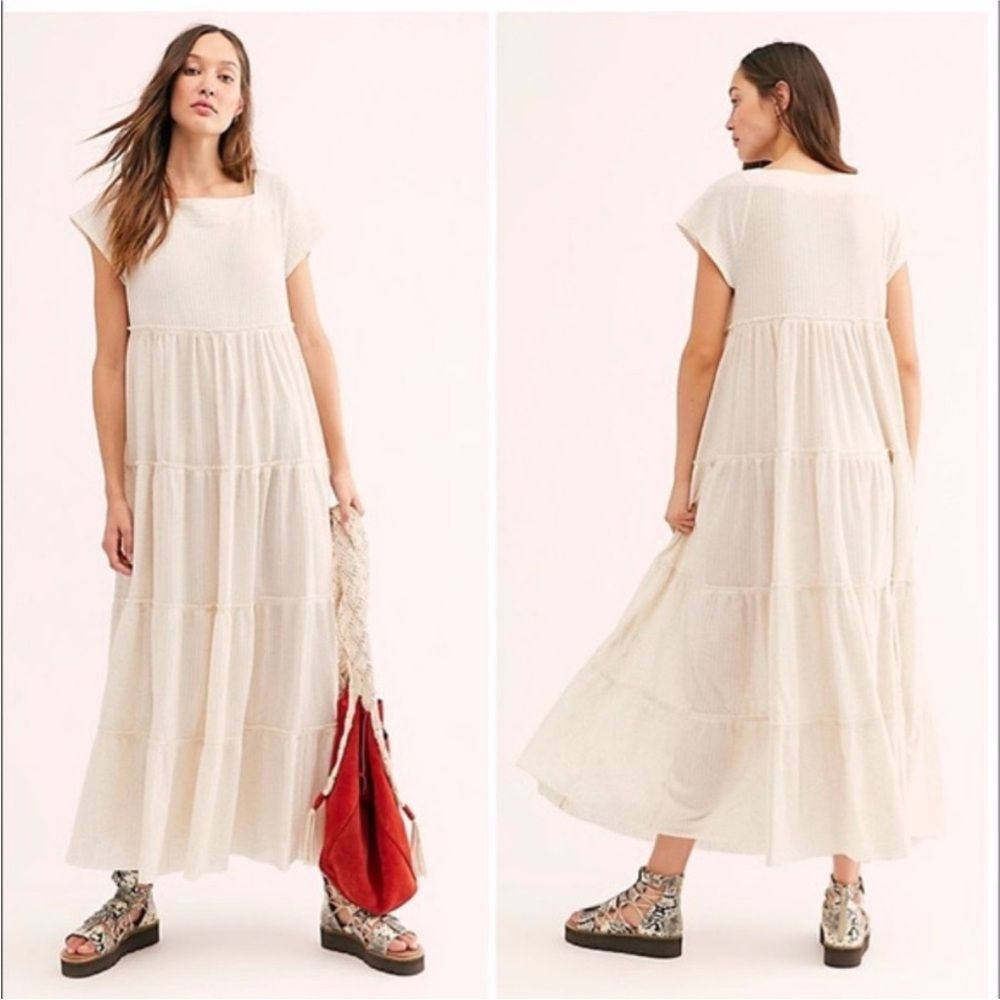 Free People Beach Saltwater Ribbed Tiered Maxi Dress Cream Oatmeal Sz XS Resort